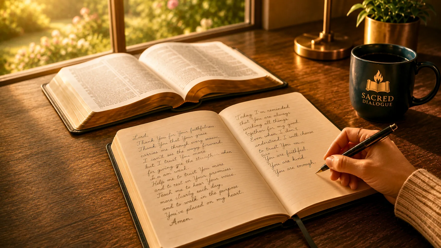 A hand writing in a prayer journal beside a lamp