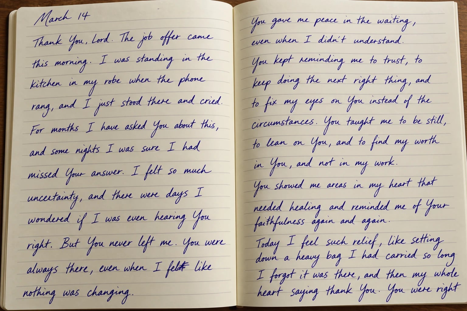 An open handwritten prayer journal. The entry begins with the date March 14 and the words Thank You, Lord, the job offer came this morning, and continues across both pages, stopping in the middle of a sentence.