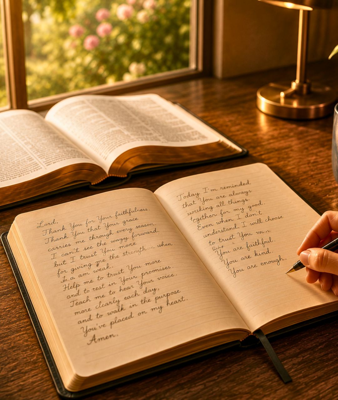 An open Bible and a handwritten prayer journal on a wooden desk in morning light